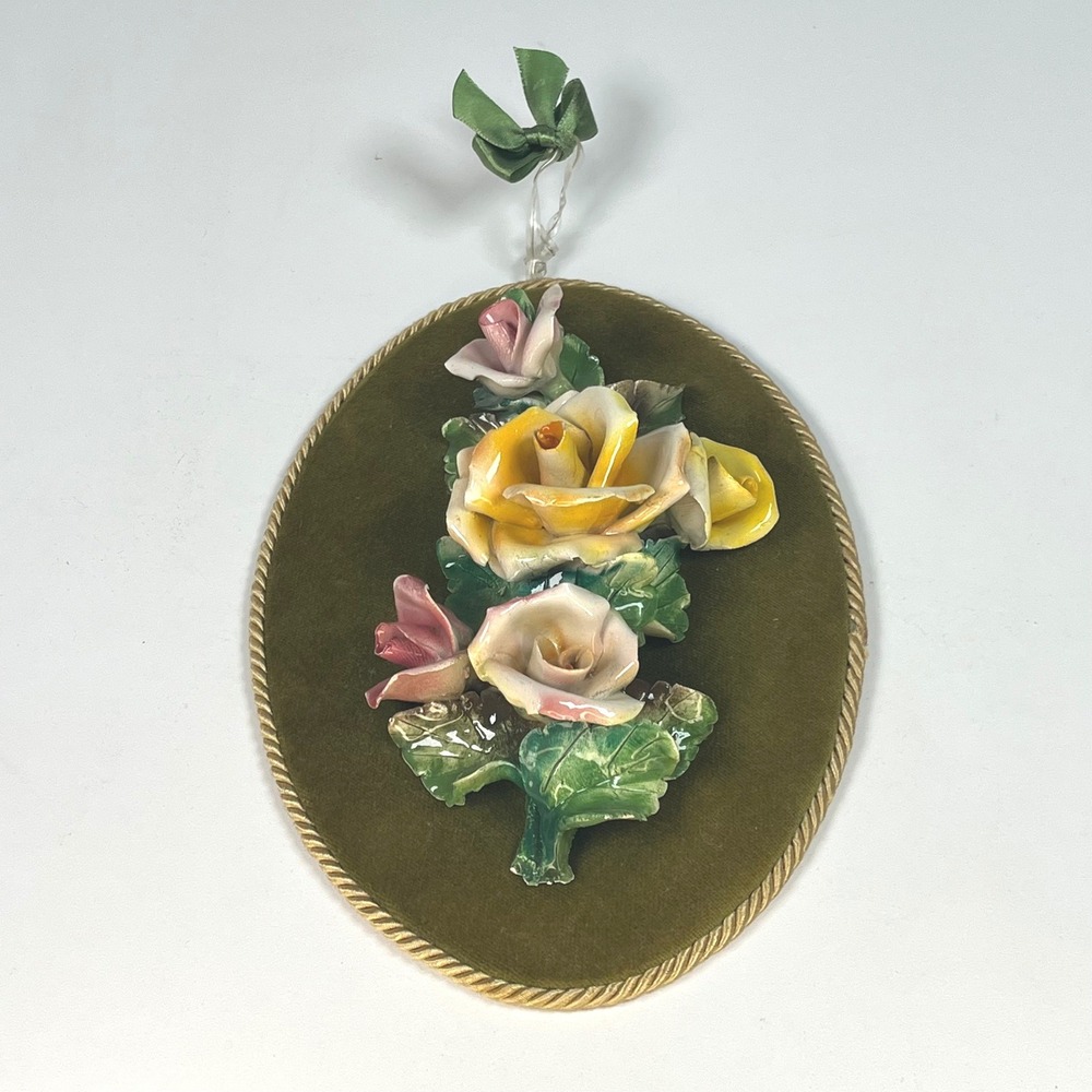 Heygill Wall Plaque Lime Green Porcelain Rose Velvet Italy Vintage 8 in x 6‎ in